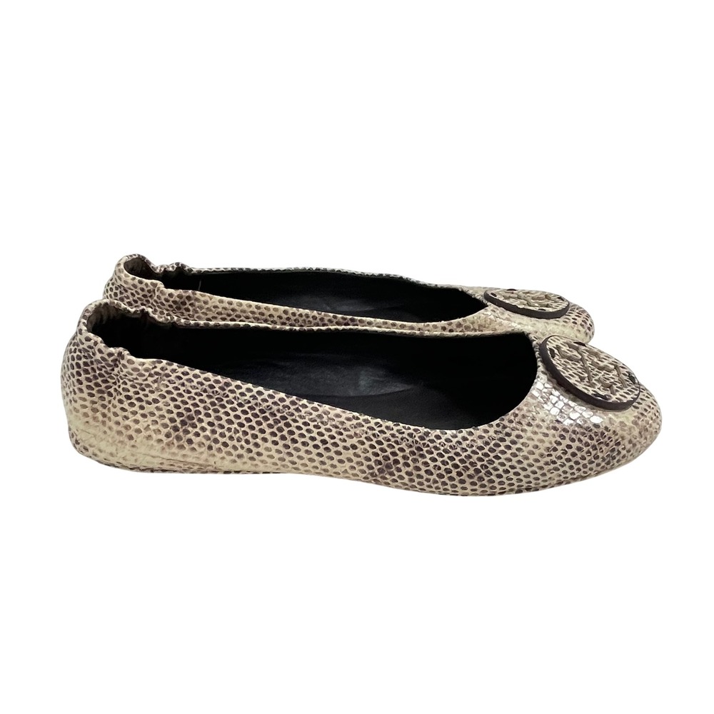 Tory Burch Minnie Travel Ballet Flats Snake Embossed Leather Cream Roccia 9.5M